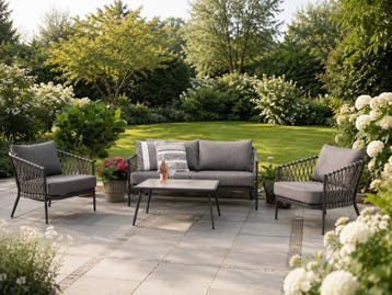 Loungset 4delig donkergrijs | Rotan | Tuinset, Verzenden, Nieuw, 5 zitplaatsen