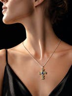Victoriaanse stijl saffier kruis ketting - blauwe edelstenen, Antiek en Kunst