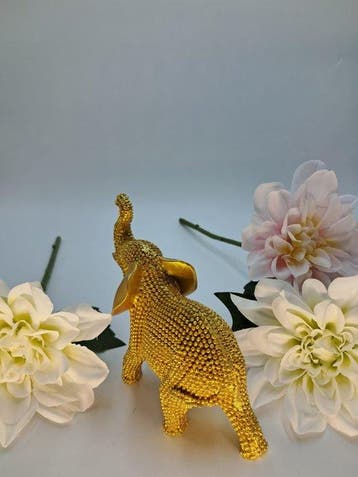 Beeldje - Elefante Portafortuna Decorativo in Resina Dorata, Antiek en Kunst