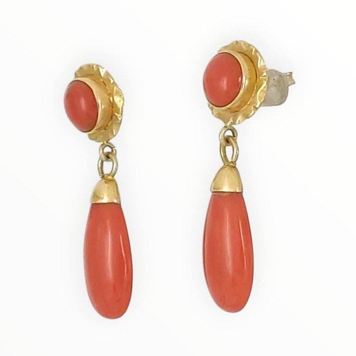Oorbellen - 18 karaat Geel goud Bloedkoraal, Bijoux, Sacs & Beauté, Boucles d'oreilles