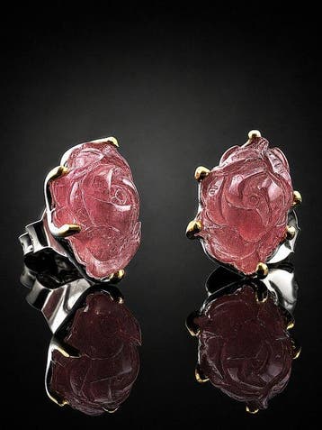 Toermalijn - Zilver - Oorbellen - Bloemen uitgehouwen