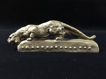 Japanese Nickel Silver Crouching Tiger Statue Paperweight, Antiek en Kunst