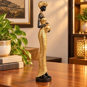 Sculpture, Elegant African Woman With Water Pot - 41.5 cm -