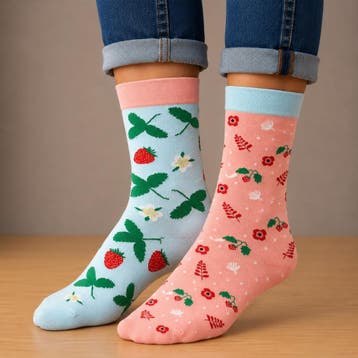 Sokken - Aardbeien Print - Blauw Roze Rood - Katoen - Maat, Kleding | Dames, Sokken en Kousen, Nieuw