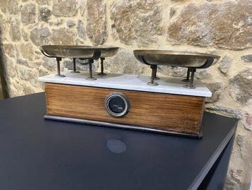 Weegschaal - Hout, Messing, Marmer - Oude weegschaal, Antiek en Kunst
