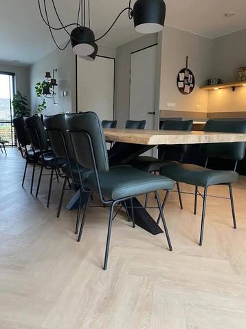 Set van 8 leren eetkamerstoelen - groen leer, Ophalen of Verzenden, Nieuw, Eén
