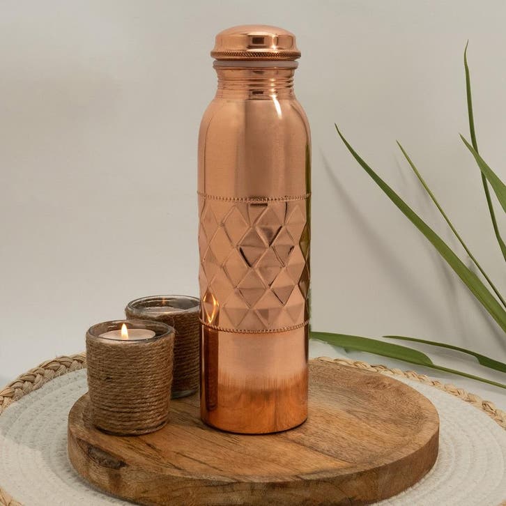 Puur Koperen Waterfles Dot Diamond Polished - 1 liter, Sport en Fitness, Gezondheidsproducten en Wellness, Ophalen of Verzenden