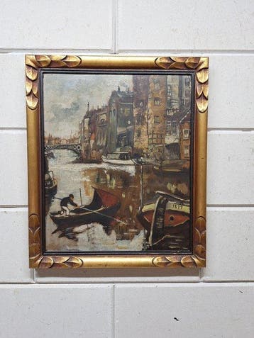 Hollandse School (XX) - Stadsgezicht met kanaal en boten
