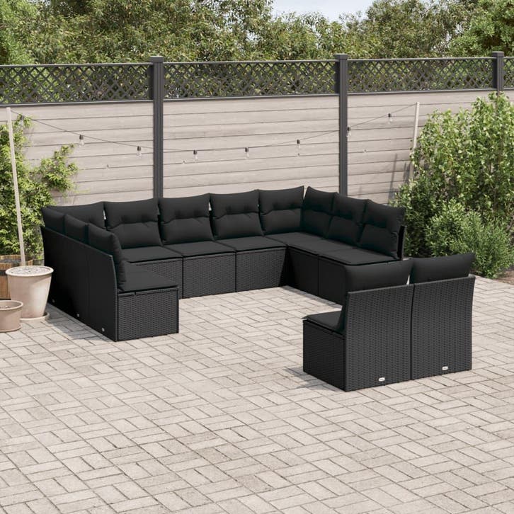 vidaXL 11-delige Loungeset met kussens poly rattan zwart, Jardin & Terrasse, Ensembles de jardin, Envoi