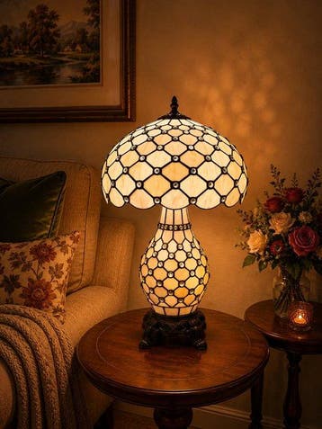 Tiffany tafellamp Studio style Elegant Pearl Amber met 2