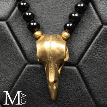 Tibetaans brons kraaien-schedel - zwarte onyx kralen
