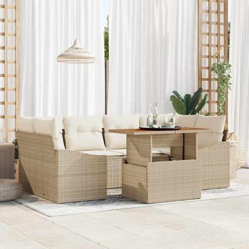 vidaXL Tuinbank Set 7 st Beige Poly rattan, Verzenden, Nieuw