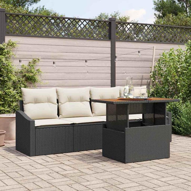 vidaXL Tuinbank Set met kussen 5 pcs Zwart Poly rattan, Tuin en Terras, Tuinsets en Loungesets, Nieuw, Verzenden