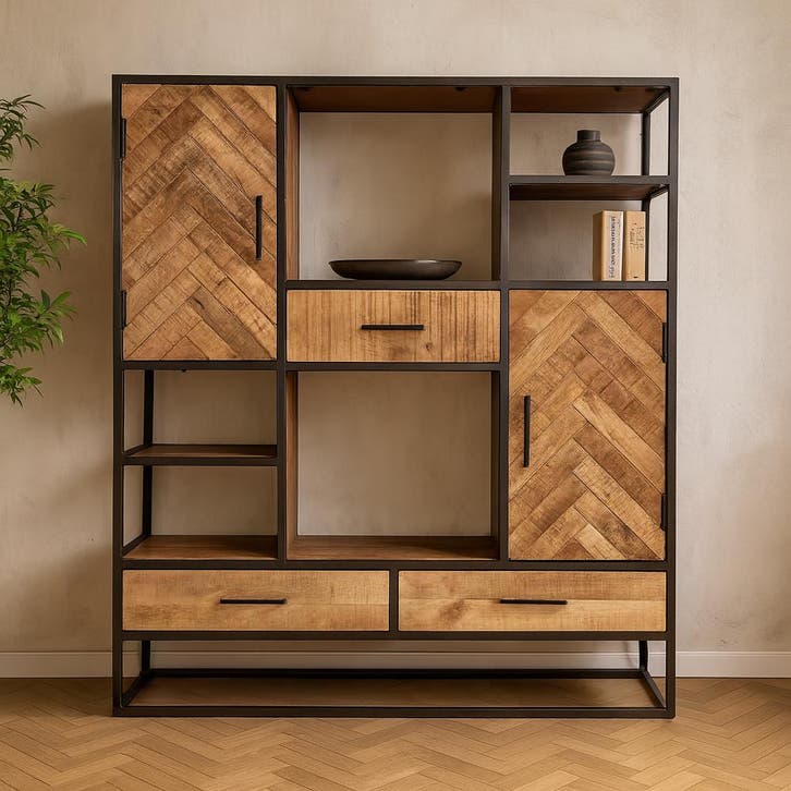 Vakkenkast Mangohout Kjeld 120 cm, Huis en Inrichting, Kasten | Boekenkasten, Nieuw, Overige houtsoorten, Verzenden