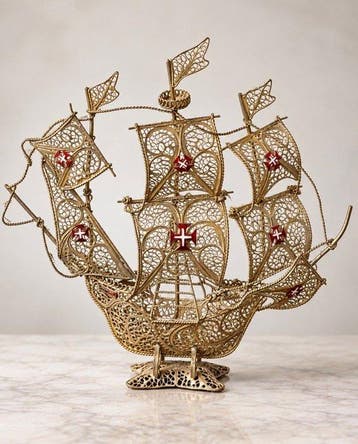 Modelschip - Portugese filigraan caravel zeilschip –, Antiek en Kunst