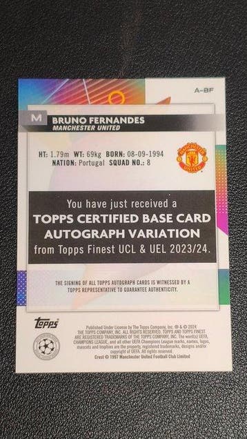 2023/24 Topps Finest Bruno Fernandes Gesigneerde kaart,