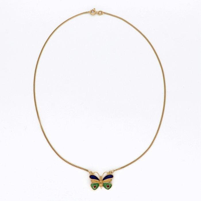 Collier - 18 carats Or jaune - Papillon - Émail, Handtassen en Accessoires, Kettingen