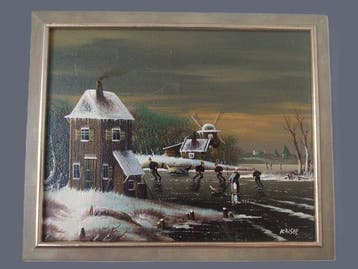 Europese school (XIX) - Winterlandschaft mit Menschen auf