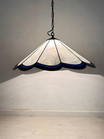 Plafondlamp - Hanglamp van loodglas in wit, kobaltblauw en