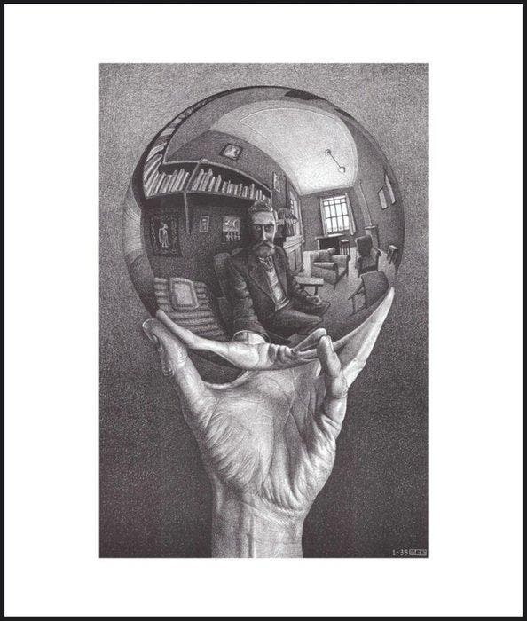 M.C. Escher - “Hand with Sphere”. Gedateerd en gesigneerd in, Antiek en Kunst, Kunst | Tekeningen en Fotografie