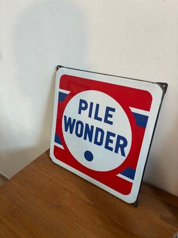 Oude geglazuurde reclameplaat « Pile Wonder » - Émaillerie