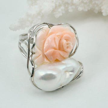 Koraal - Zilver - Ring - Roze koraal en parel