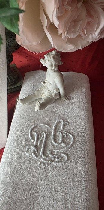 Linge de table en damassé de lin brodé MG - Serviette de, Antiquités & Art