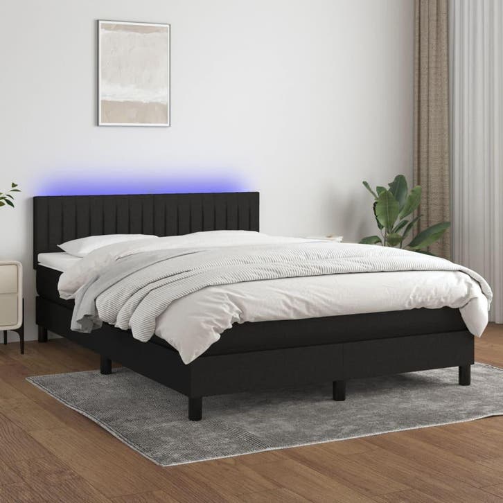vidaXL Boxspring met matras en LED stof zwart 140x200 cm, Maison & Meubles, Chambre à coucher | Lits, Envoi