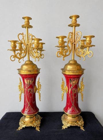 Kandelaar - Brons, Porselein - H. 62 cm