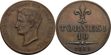 10 Tornesi 1859, Italien-neapel en Sizilien Francesco Ii..., Verzenden, België