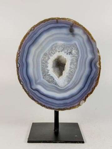 Very rare natural agate with crystal portal geode on stand