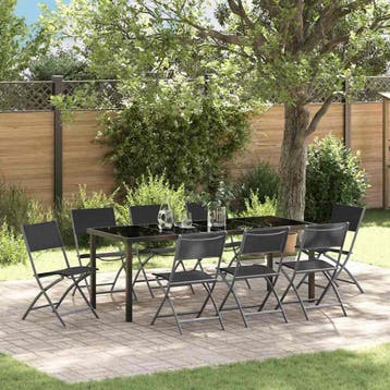 vidaXL Tuin Eettafel Set 9 pcs Zwart Gepoedercoat staal, Verzenden, Nieuw