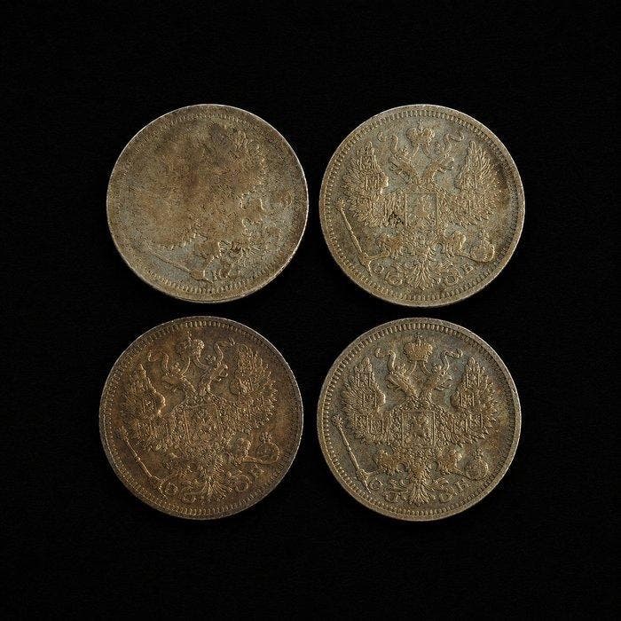 Rusland. 1876-1912 Russian Empire lot od 4 silver 20 kopeks, Postzegels en Munten, Munten | Europa | Niet-Euromunten