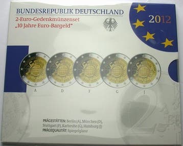 5 x 2 Euro 2012 A,d,f,g,j Duitsland 10 Jahre Euro, Verzenden, België