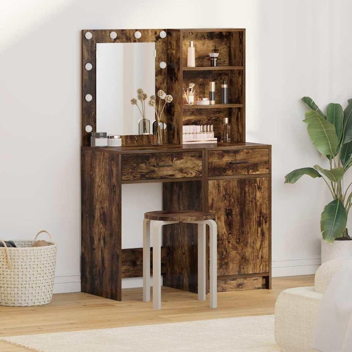 vidaXL Dressing tafel set met LED 2 pcs Rook Eiken Bewerkt, Maison & Meubles, Tables | Coiffeuses, Envoi