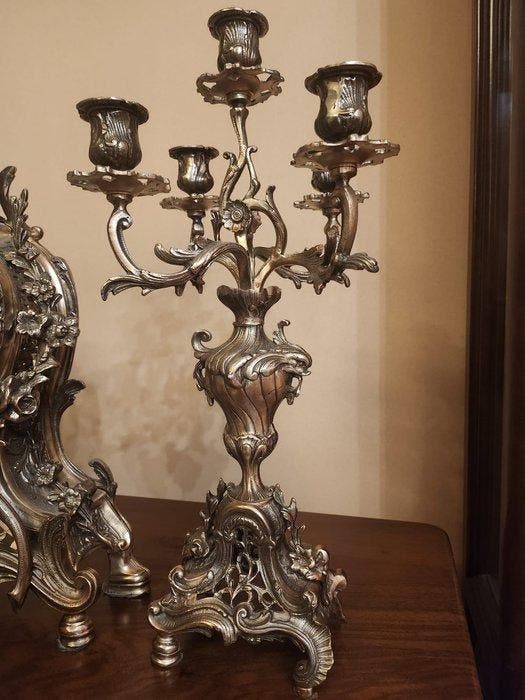 Klok en garnituur set (3) - Messing - 1950-1960, Antiek en Kunst, Curiosa en Brocante