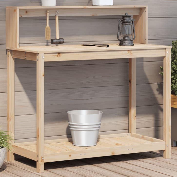 vidaXL Oppottafel met schappen 108x50x109,5 cm massief, Jardin & Terrasse, Bacs à fleurs & Jardinières, Envoi