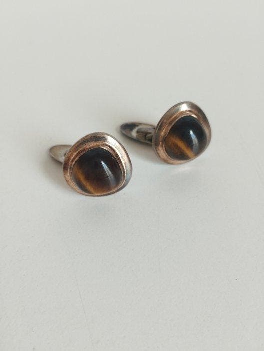 JJ - Œil de chat (chrysobéryl) - Boutons de manchette en, Antiek en Kunst, Antiek | Zilver en Goud