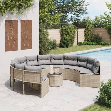 vidaXL Tuinbank met tafel en kussens rond poly rattan beige, Tuin en Terras, Tuinsets en Loungesets, Verzenden, Nieuw