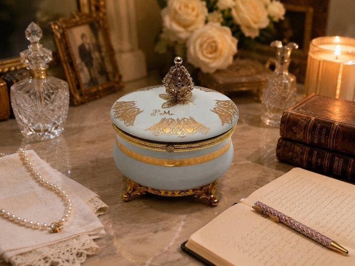 CAROLINE - Doos - Porselein, Messing - Groot formaat 15 cm, Antiquités & Art, Curiosités & Brocante