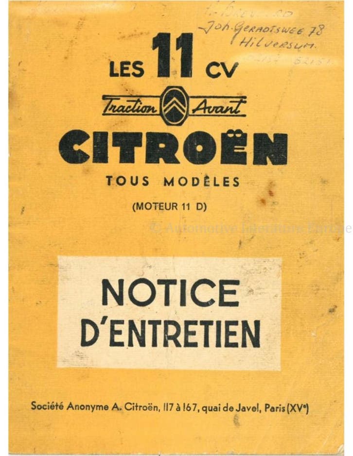 1955 CITROËN TRACTION AVANT INSTRUCTIEBOEKJE FRANS, Autos : Divers, Modes d'emploi & Notices d'utilisation