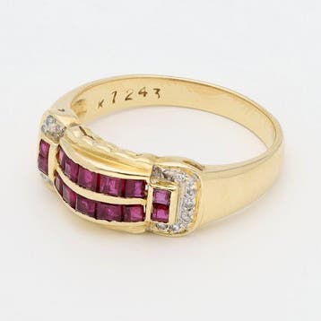 Bague - 14 carats Or jaune Diamant (Naturelle) - rubis
