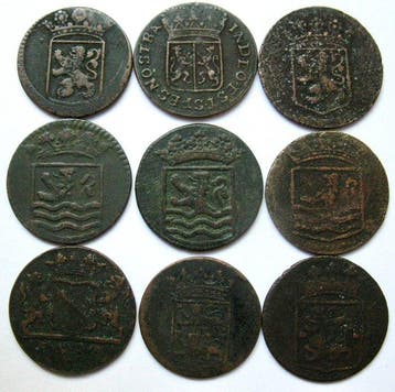 Nederlands-Indië. VOC Duiten 1732-1790 (9 verschillende), Postzegels en Munten