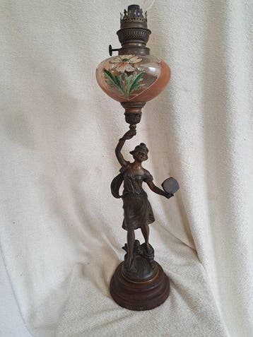 Lampe à huile - Régule, Verre, Bois - Sculpture par