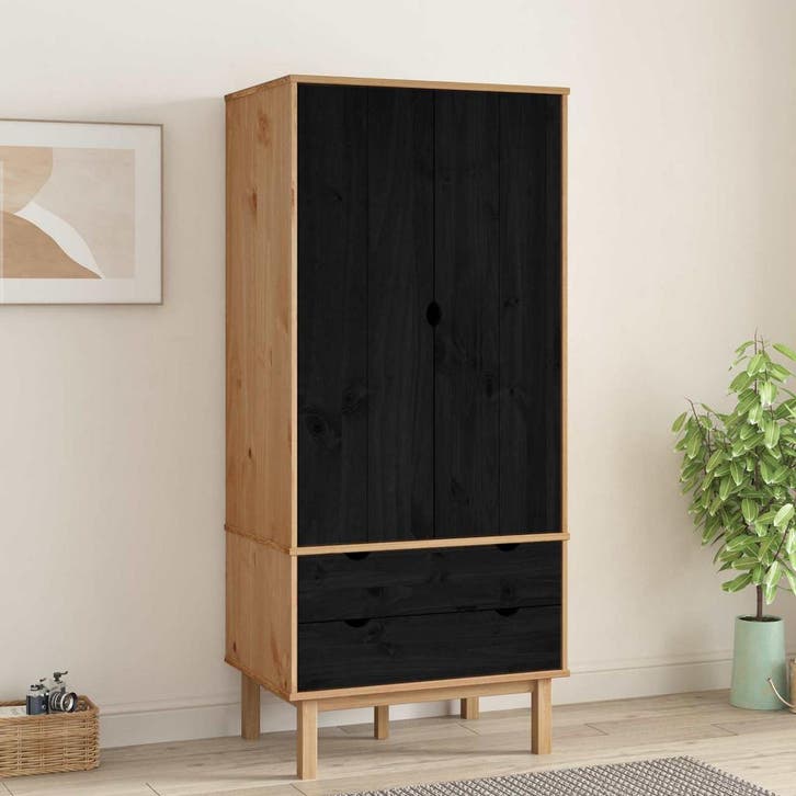 vidaXL Kledingkast OTTA Zwart 76,5 x 53 x 172 cm Massief, Huis en Inrichting, Kasten | Kleerkasten, Nieuw, Verzenden