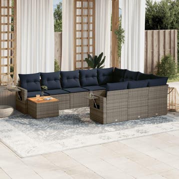 vidaXL 11-delige tuinbankset met kussens, grijs polyrotan, Verzenden, Nieuw