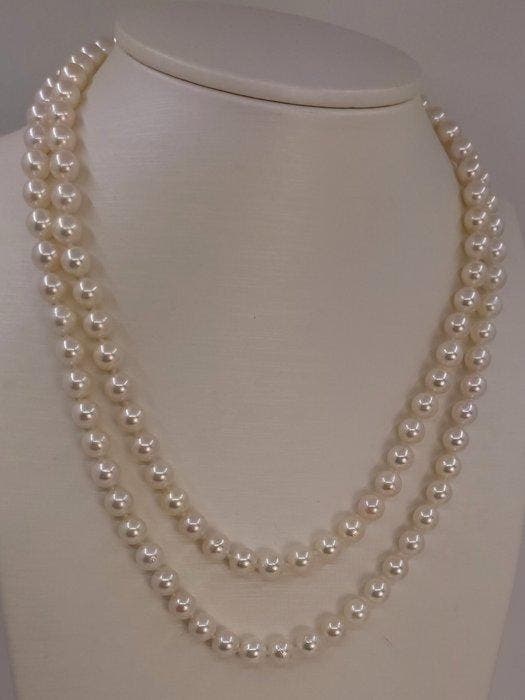 Halsketting 6x7 mm dubbele Akoya parels, Zilver, Handtassen en Accessoires, Kettingen