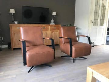Set van 2 leren draaifauteuils met schotelvoet - bruin leer, Ophalen of Verzenden