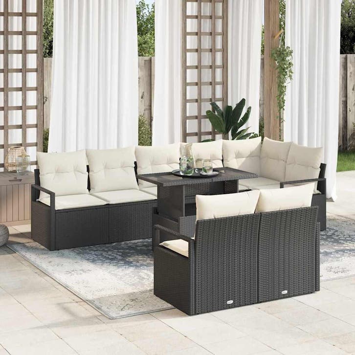 vidaXL Tuinbank Set met kussen 9 pcs Zwart en Crème poly, Tuin en Terras, Tuinsets en Loungesets, Nieuw, Verzenden