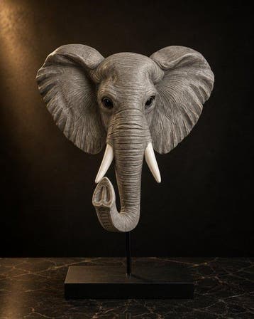 sculptuur, Exclusieve Olifantenkop Sculptuur op Standaard –